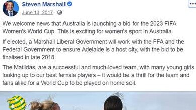 Premier Steven Marshall's pledge to support the 2023 FIFA women's World Cup bid if elected in 2017.