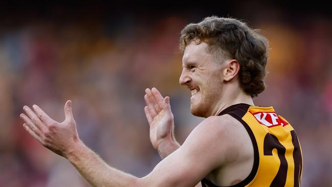 MELBOURNE, AUSTRALIA - AUGUST 20: Denver Grainger-Barras of the Hawks celebrates a goal during the 2023 AFL Round 23 match between the Melbourne Demons and the Hawthorn Hawks at Melbourne Cricket Ground on August 20, 2023 in Melbourne, Australia. (Photo by Dylan Burns/AFL Photos via Getty Images)