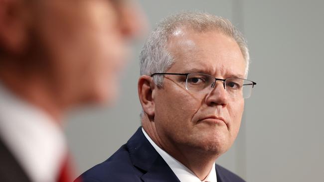 Prime Minister Scott Morrison during a late press conference at Parliament House in Canberra. Picture: NCA NewsWire/Gary Ramage