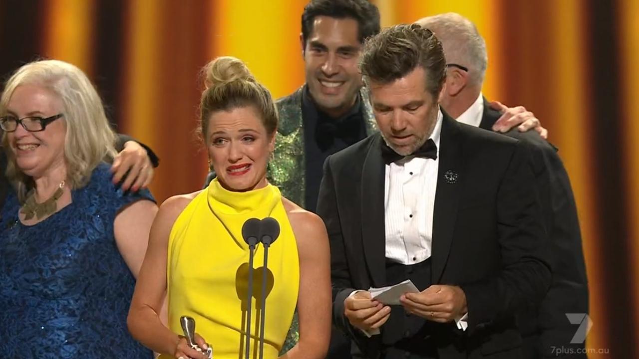 Harriet Dyer and Patrick Brammall make an acceptance speech for their show Colin From Accounts winning Most Outstanding Comedy. Picture: Channel 7