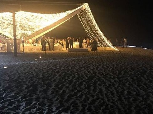 The outdoor gazebo featuring fairy lights on the beach for Karl Stefanovic's wedding party. Picture: Instagram