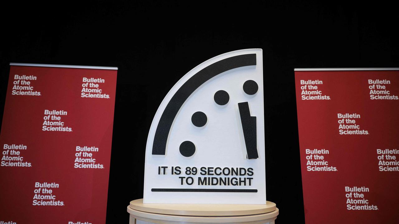 The Doomsday Clock, currently the nearest it has been to midnight at 89 seconds, is a symbol for how close humanity is to a ‘global catastrophe’. Picture: Kayla Bartkowski/Getty