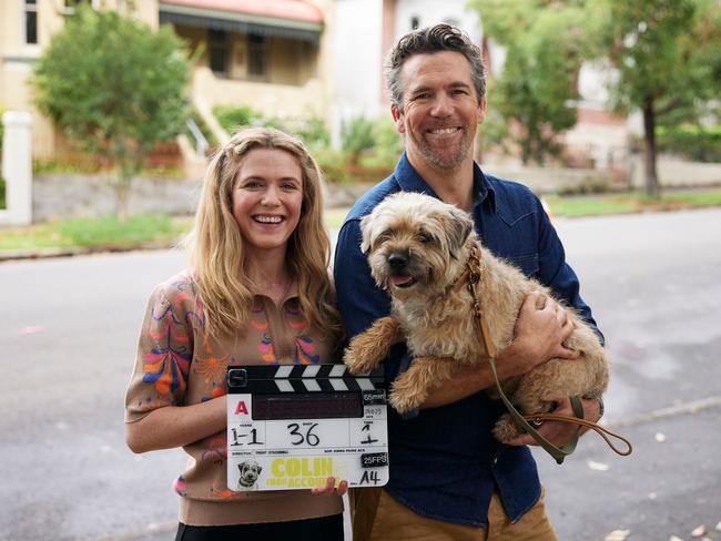 EMBARGO FOR TWAM 11 MAY 2024. FEE MAY APPLY. Creators, writers and stars Harriet Dyer and Patrick Brammall with Zak in Colin From Accounts season two is streaming on BINGE May 30. Photo: Joel Pratley/Binge