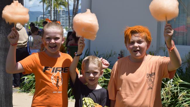 Spencer McCarthy, 10, Harvey McCarthy 7 and Gus Loveday 11 at the Townsville Fire final at the Townsville Entertainment Centre. Picture: Nikita McGuire