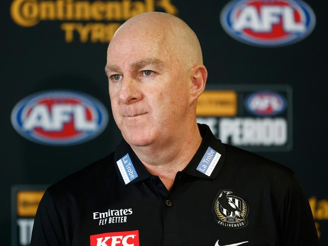 MELBOURNE, AUSTRALIA - OCTOBER 09: Graham Wright, GM of Football of the Magpies speaks with media during the 2023 Continental Tyres AFL Trade Period at Marvel Stadium on October 09, 2023 in Melbourne, Australia. (Photo by Michael Willson/AFL Photos via Getty Images)