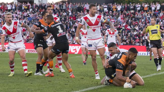 The Tigers were denied a potentially crucial try in their match against the Dragons. AAP Image/Craig Golding.