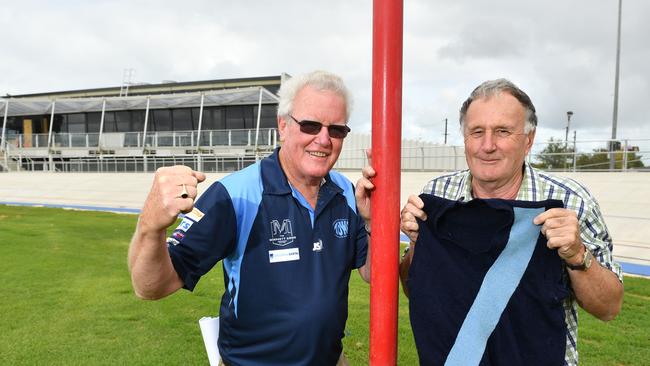 Edwardstown legends Peter Dabinett and Ian Carter outside the club’s redeveloped building. Picture: AAP/Keryn Stevens