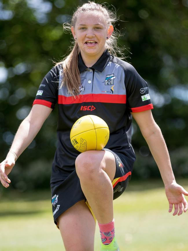 Evelyn Goldsmith pictured in New Zealand in November as part of Port Adelaide’s Women’s Aboriginal AFL Academy. Evelyn is one of the best in her footy team, but is a gun soccer player. She will juggle the two next season. Photo: Mark Piovesan