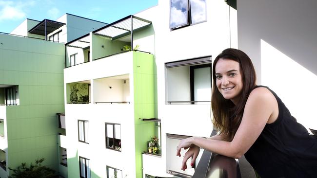 Sydneysiders are embracing apartment living. Lauren Pontey on the balcony of her Rushcutters Bay apartment. Picture: James Croucher