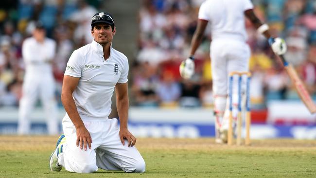 England's cricket team captain Alastair Cook on his knees, obviously.