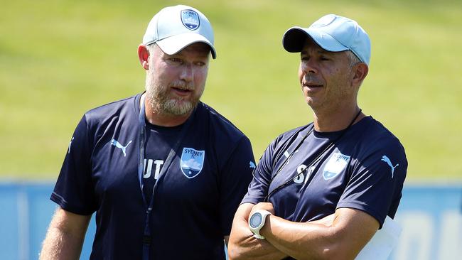 Sydney FC coach Steve Corica (right) and assistant Ufuk Talay (left) are plotting the Sky Blues’ Asian Champions League campaign. Picture: Tim Hunter.