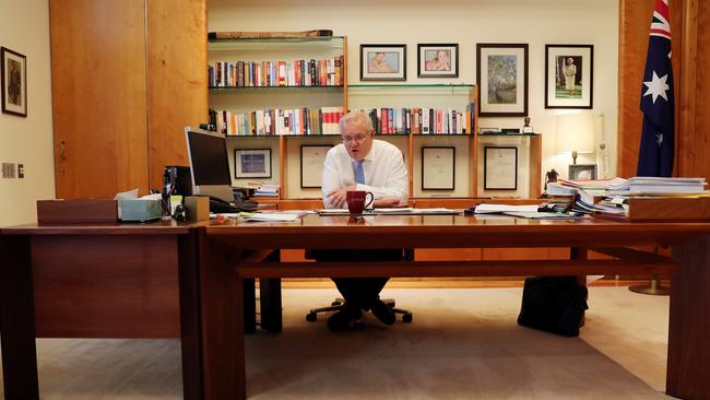 Scott Morrison talks to US President Elect Joe Biden. Picture: Adam Taylor/PMO