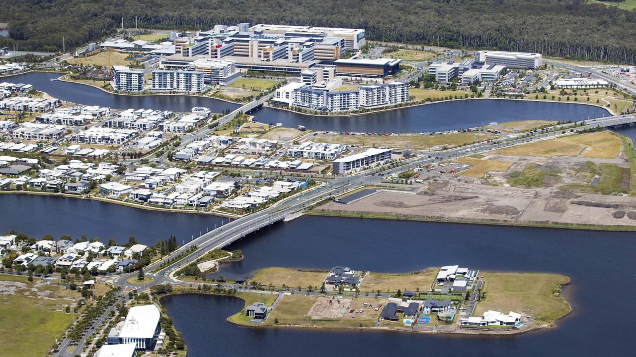 Aerial view over Birtinya with the Sunshine Coast University Hospital at top. Picture: Lachie Millard.