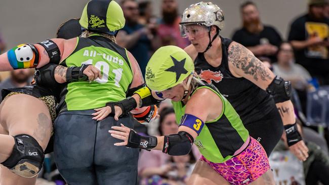 Roller derby is an all-action contact sport. Photo: Mark Zouroudis.