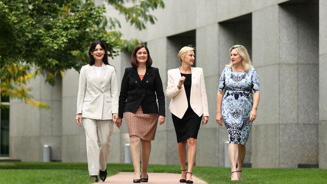 Liberal MPs (from left) Lucy Wicks, Sarah Henderson, Katie Allen and Hollie Hughes are united in their belief that there must be a conversation about quotas. Picture: Gary Ramage