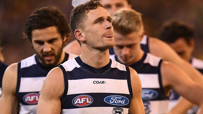 Joel Selwood laments the loss to Richmond. Picture: AAP