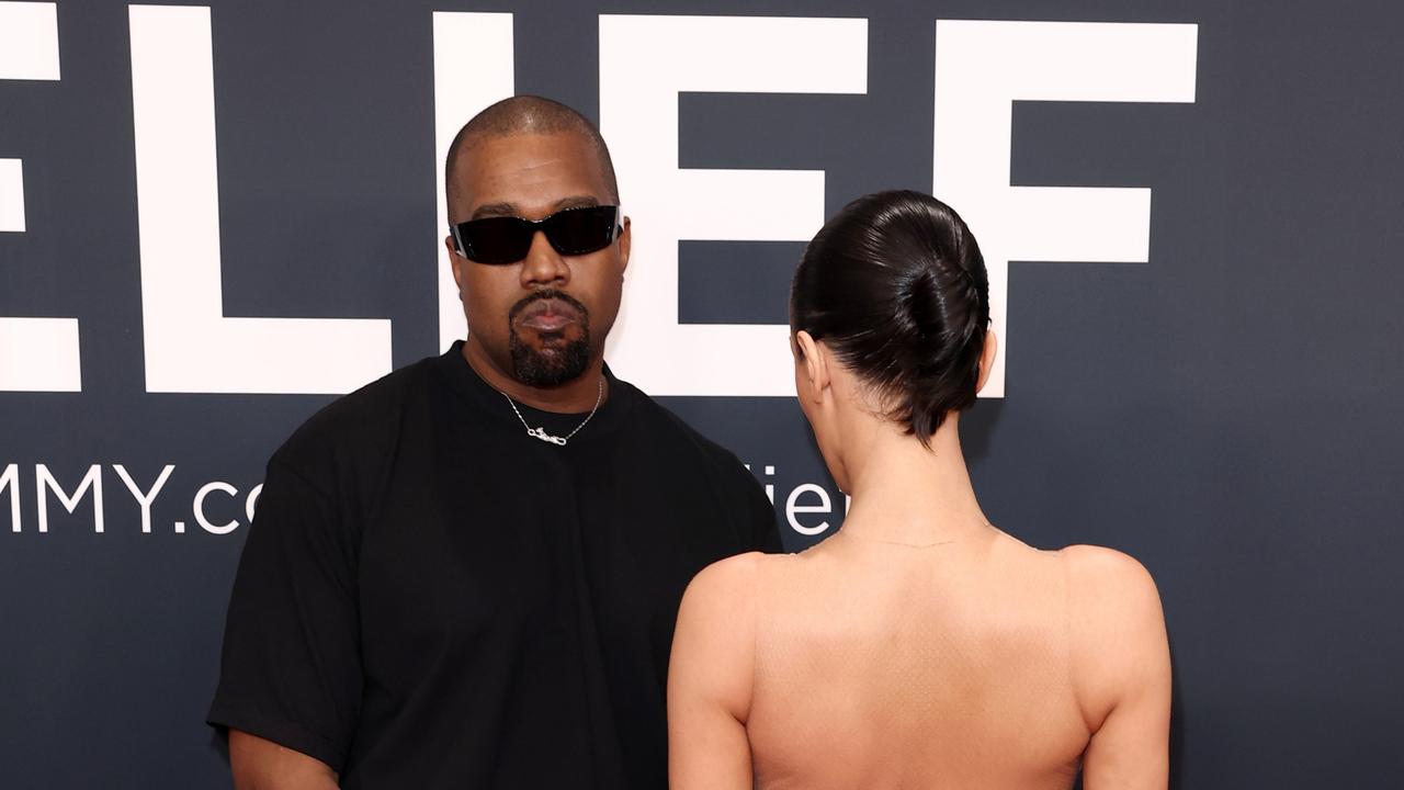 The Super Bowl stunt came a week after West dominated the Grammys by posing with naked wife Bianca Censori on the red carpet. Picture: Matt Winkelmeyer/Getty