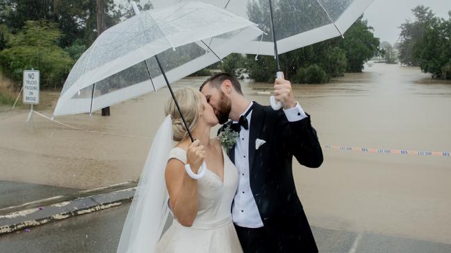 The couple, who are expecting a child together, were torn apart after floodwaters rose around Ms Fotheringham’s parents’ property in Killawarra. Picture: Amanda Hibberd