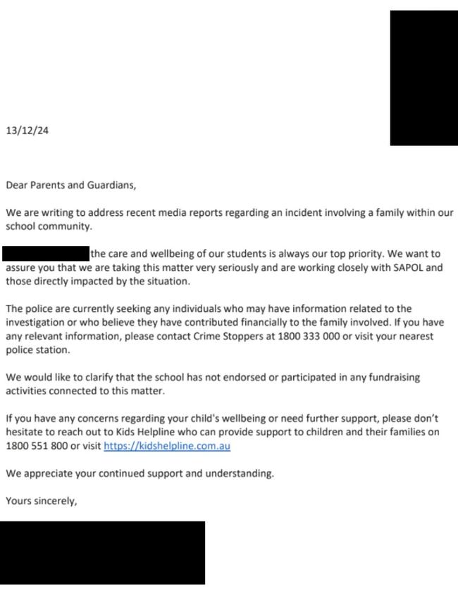 The letter the school sent to parents.