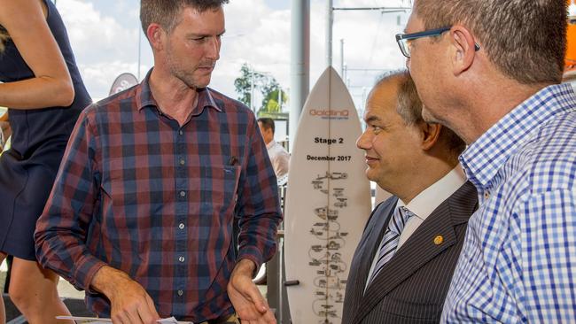 Opening morning of the Stage 2 of the Gold Coast light rail (g:link). Mark Bailey MP and Gold Coast Mayor Tom Tate talking. Picture: Jerad Williams