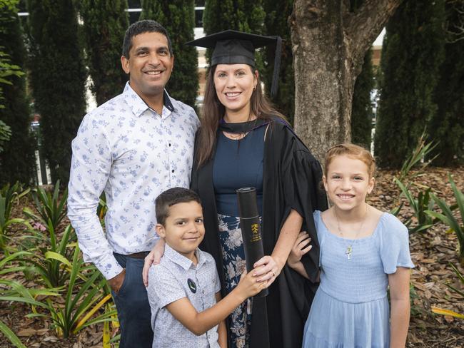 Bachelor of Laws graduate Sarah Solinas with husband Raymond and kids Jonathan and Alannah Solinas at a UniSQ graduation ceremony at Empire Theatres, Tuesday, February 13, 2024. Picture: Kevin Farmer