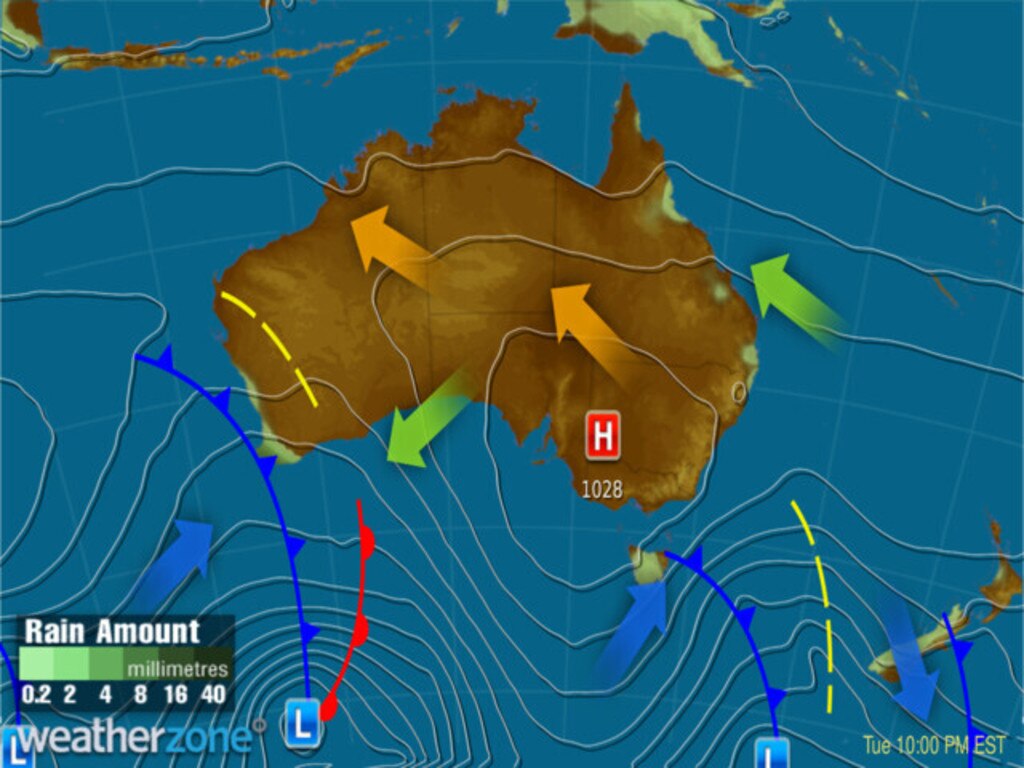 A larger secondary cold front will sweep across the country from Tuesday, affecting the southern states of Tasmania and south Victoria. Picture: Weatherzone