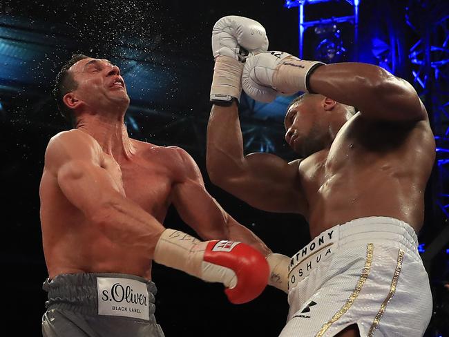 LONDON, ENGLAND - APRIL 29:  Anthony Joshua (White Shorts) and Wladimir Klitschko (Gray Shorts) in action during the IBF, WBA and IBO Heavyweight World Title bout at Wembley Stadium on April 29, 2017 in London, England.  (Photo by Richard Heathcote/Getty Images) ***BESTPIX***