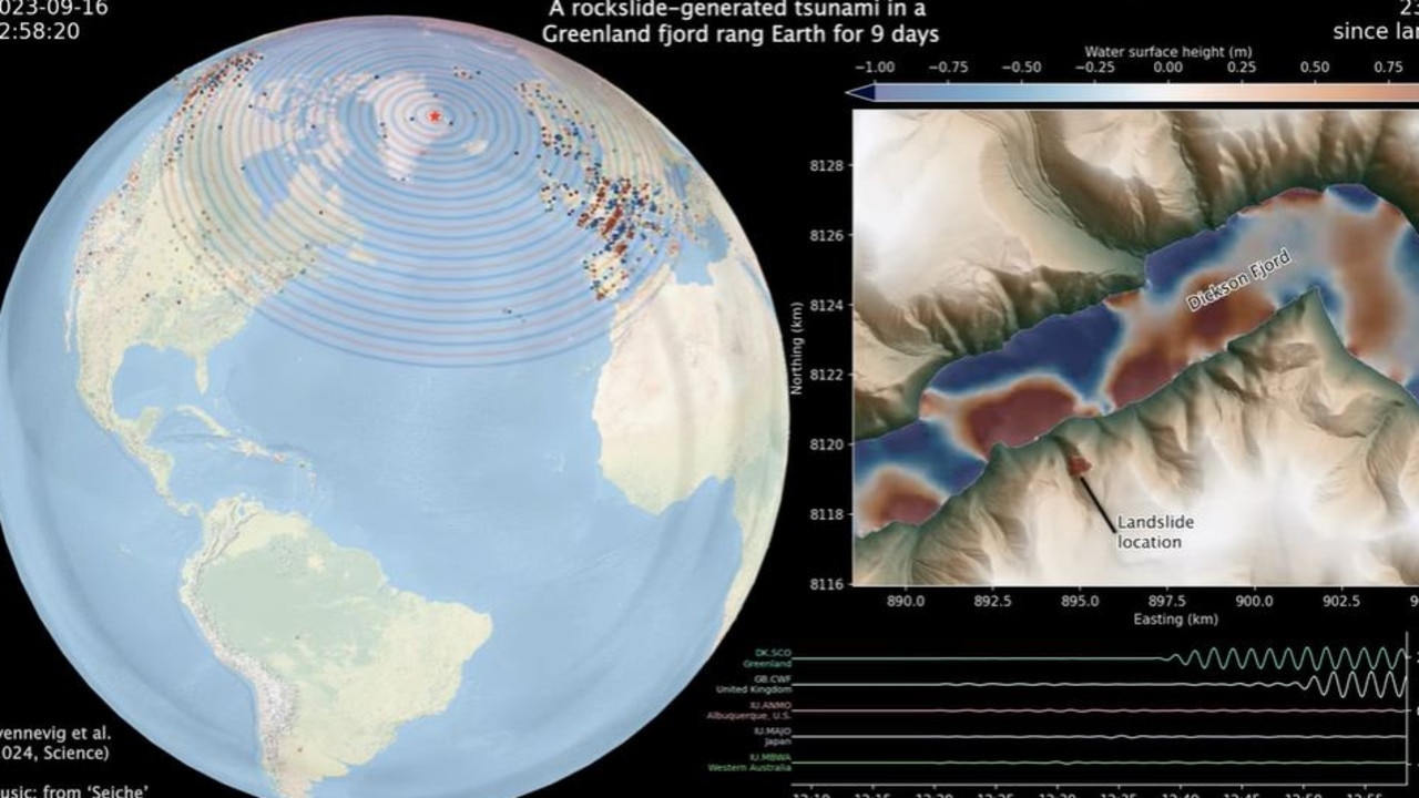 The collapse of a the collapse of a 1,200-metre-high mountain peak in Greenland generated a tsunami. Picture: YouTube/Stephen Hicks