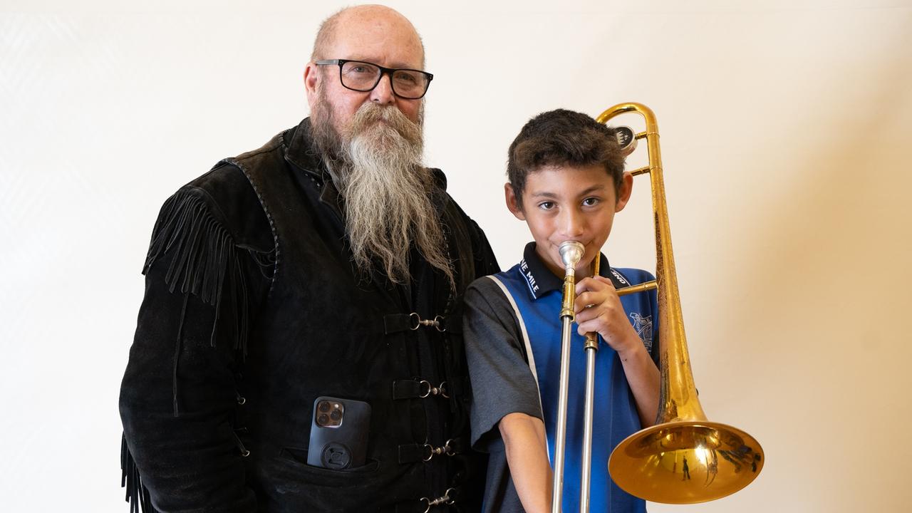 Des Lawlor and Junallaki Jones-Lawlor, who played trombone in the One Mile State School Concert Band in the Gympie Eisteddfod. July 31, 2023. Picture: Christine Schindler