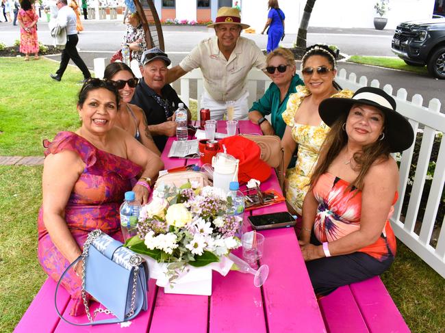 From left to right: Inez Alexander, Julie Goudray, Bernard Goudray, Bevan Alexander, Claudine Goudray, Elise Yue and Rochelle DiSilva enjoying all the action at the Ladbrokes Cranbourne Cup on Saturday, November 23, 2024. Picture: Jack Colantuono