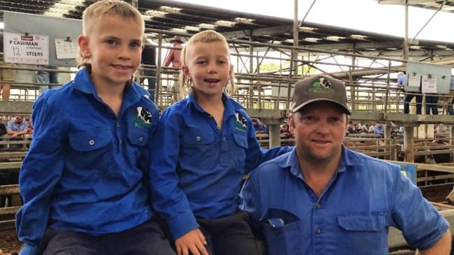 The Need family: Riley, Alex and Hayden. Hayden bought a pen of 15 Hereford and Baldy steers for 336c/kg at Leongatha. Picture: Madeleine Stuchbery