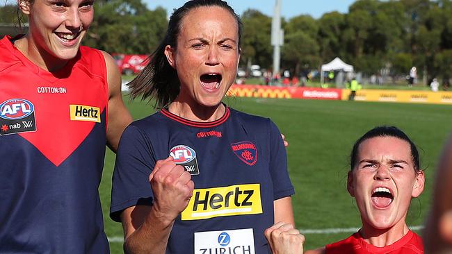 Injured Melbourne star Daisy Pearce’s teammates did the job in her absence, but will she be ready to face the Crows? Picture: Getty Images