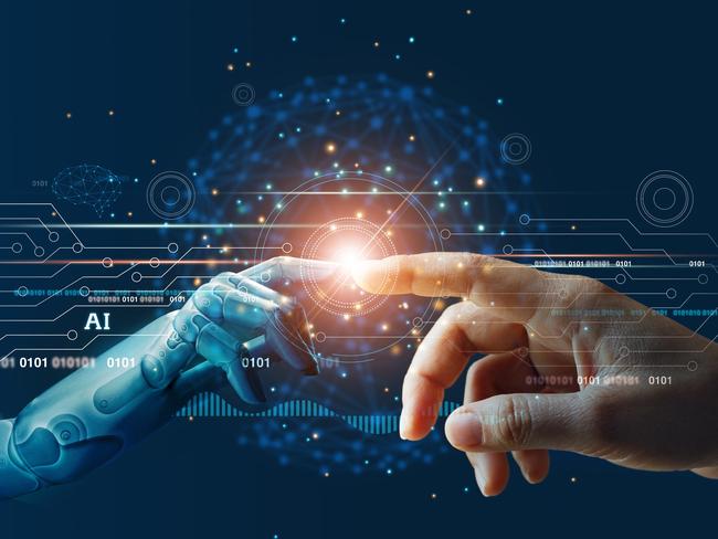 AI, Machine learning, Hands of robot and human touching on big data network connection background, Science and artificial intelligence technology, innovation and futuristic.