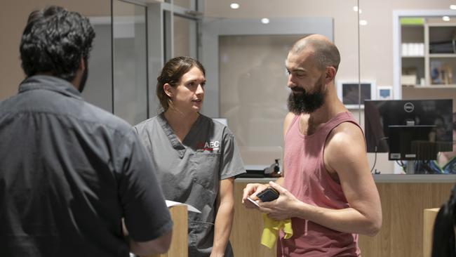 Andy Thomson, the concerned owner of Havoc, the afghan hound, discusses her treatment with veterinarian, Dr Jenny Holmes. Picture: Mark Cranitch