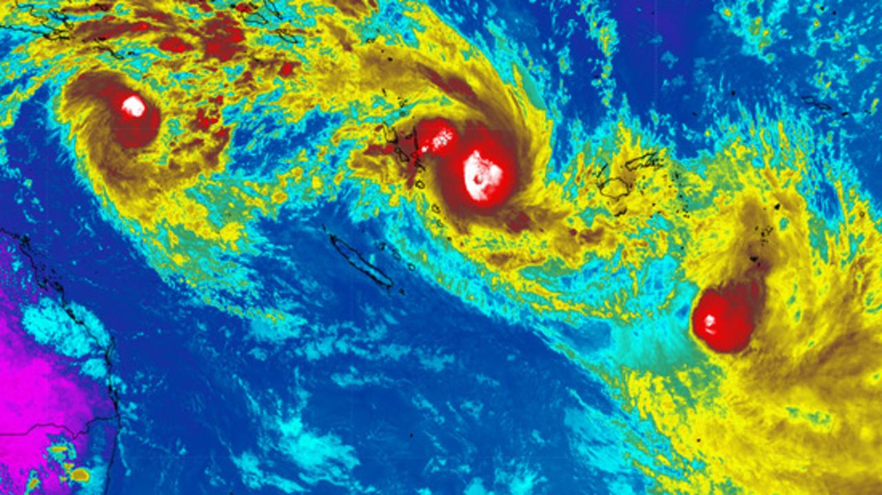 Satellite imagery captured a rare image of three cyclones swirling over the South Pacific. Picture: Weatherzone