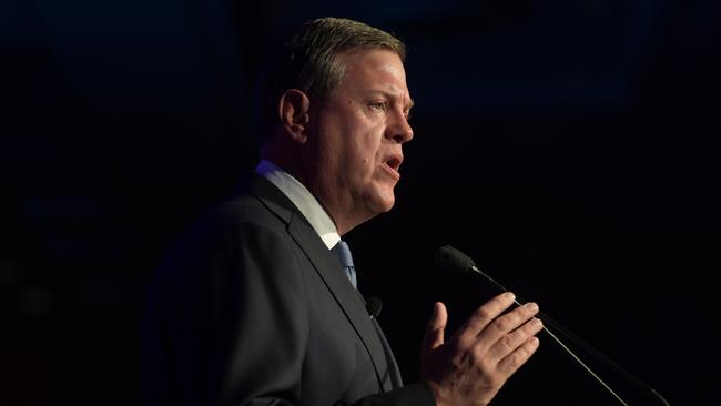 Queensland Opposition Leader Tim Nicholls speaks at the Queensland Media Lunch at the Brisbane Convention Centre. Picture: AAP.