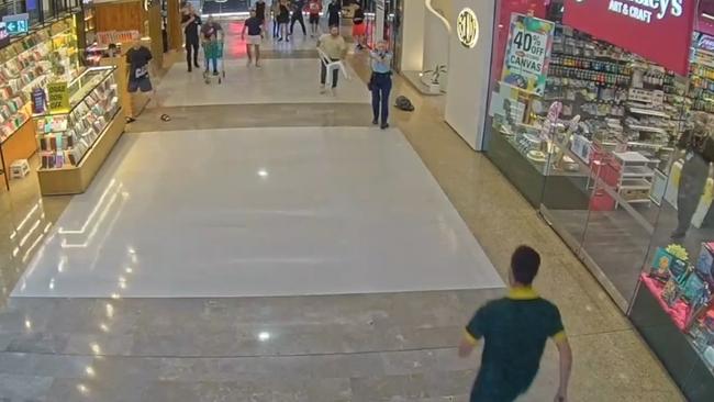 Police Inspector Amy Scott (top, in uniform), is shown in CCTV moments before she shoots Cauchi (in green) dead as he advances on her inside the shopping centre.
