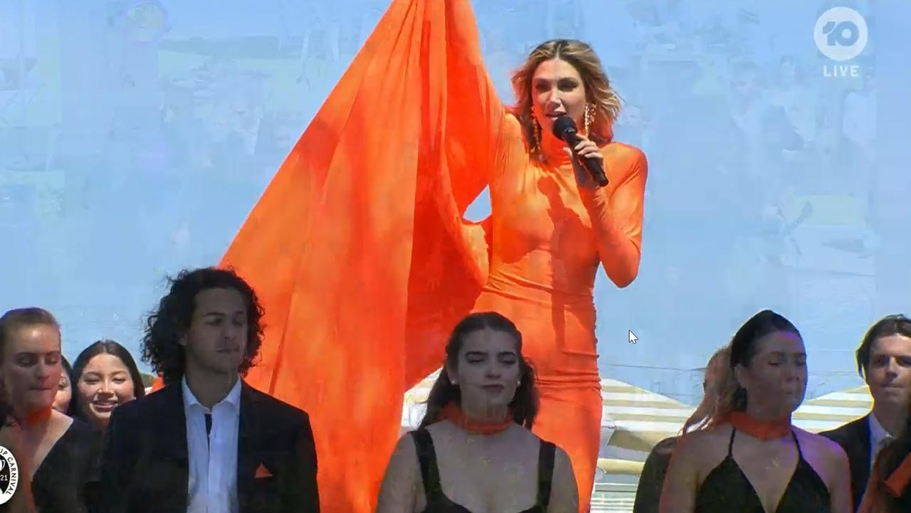 Delta Goodrem performs at the 2021 Melbourne Cup. Picture: Channel 10