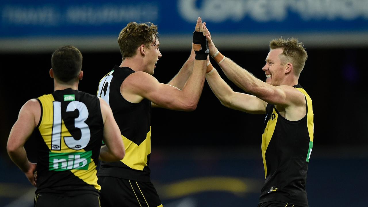 Not enough of this lately from Tom Lynch and Jack Riewdolt. Picture: Matt Roberts/AFL Photos/via Getty Images