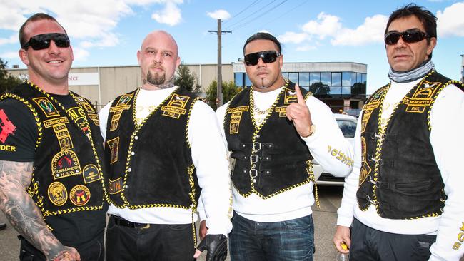 The Comanchero Motorcycle Club members in 2012 — Mark Buddle, Mick Murray, Daux Ngukuru and Jay Malkoun, former president of the Comancheros.