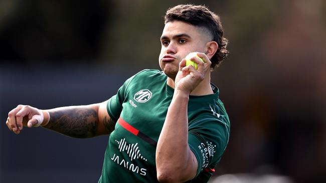 SYDNEY, AUSTRALIA - JUNE 28: Latrell Mitchell of the Rabbitohs catches a tennis ball during a South Sydney Rabbitohs NRL training session at Redfern Oval on June 28, 2022 in Sydney, Australia. (Photo by Brendon Thorne/Getty Images)