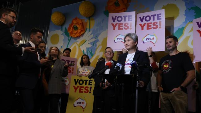 Senator Penny Wong speaks to the media at the Adelaide Central Market to make a final pitch for the YES vote. Picture: Kelly Barnes