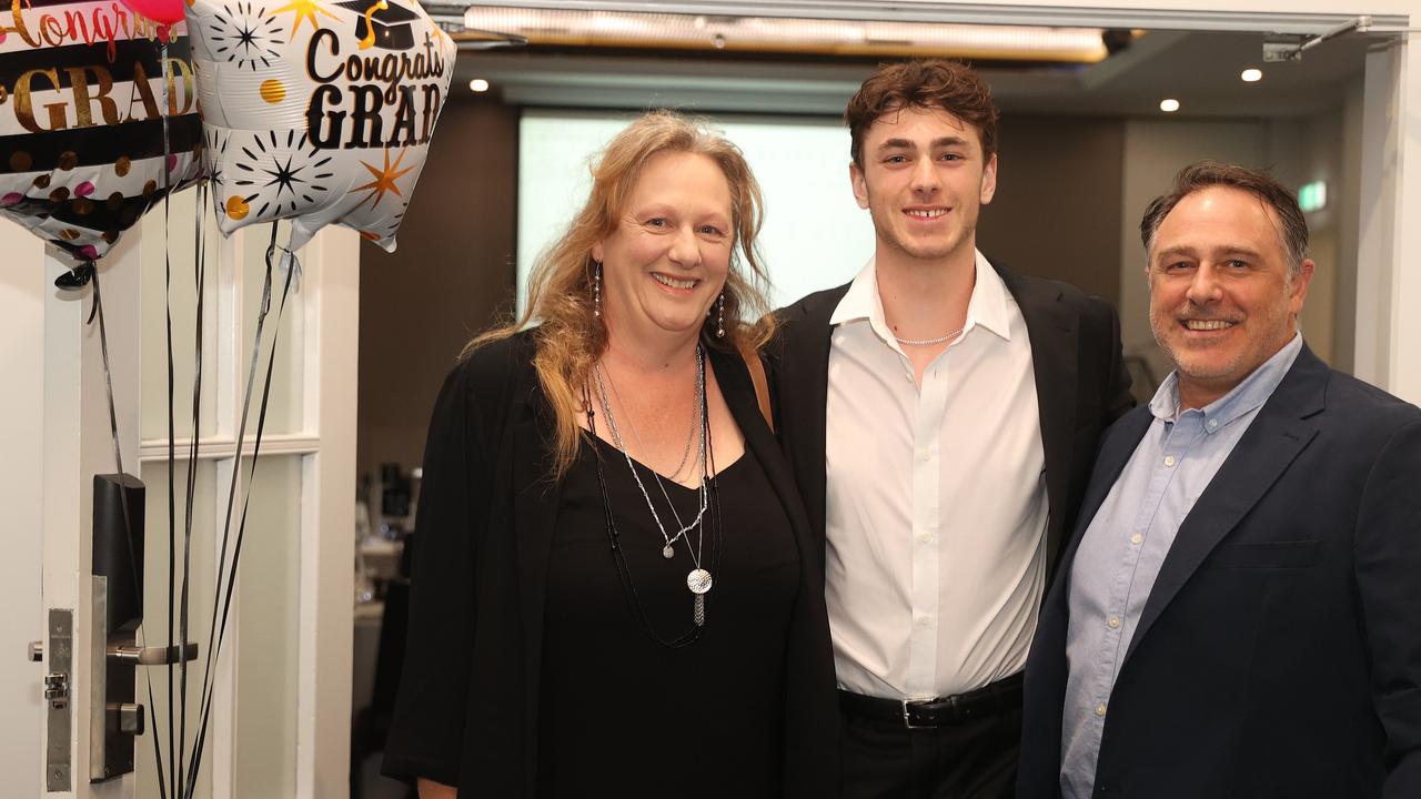 <p>Geelong Baptist College Year 12 student Christian Liburdi and parents Andrea and John. Picture: Alison Wynd</p>