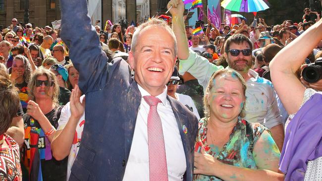 Bill Shorten celebrates in the crowd after the postal survey result announcement at the State Library of Victoria this morning.