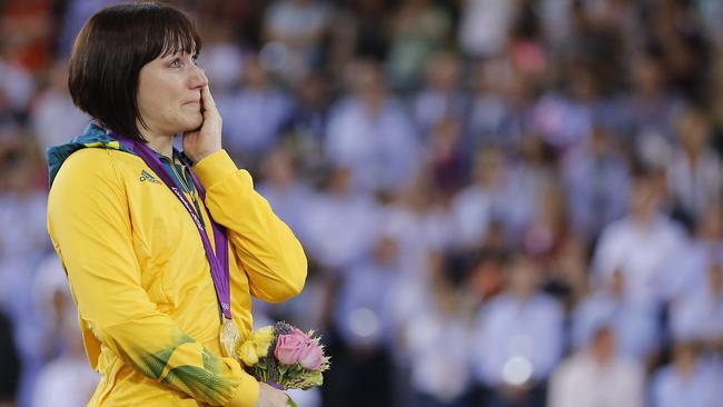 Cyclist Anna Meares during the gold medal ceremony at the London 2012 Olympic Games.