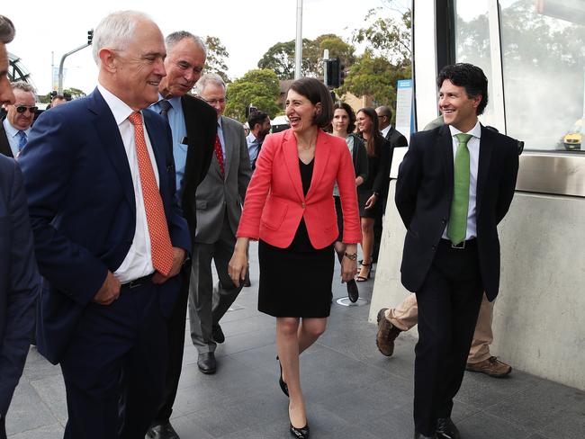 Gladys Berejiklian with Prime Minister Malcolm Turnbull and federal MP for Bennelong John Alexander after a recent media conference. Picture: Phil Hillyard