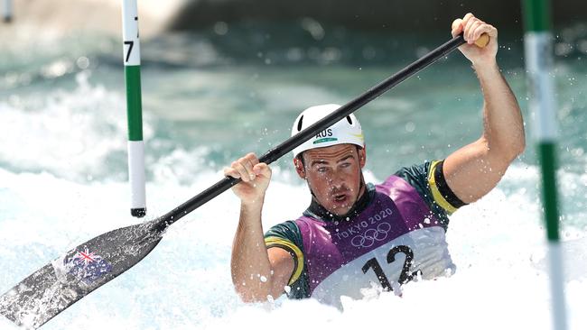 TOKYO, JAPAN - JULY 25: Daniel Watkins of Team Australia competes in the Men's Canoe Slalom Heats 1st Run on day two of the Tokyo 2020 Olympic Games at Kasai Canoe Slalom Centre on July 25, 2021 in Tokyo, Japan. (Photo by Cameron Spencer/Getty Images)