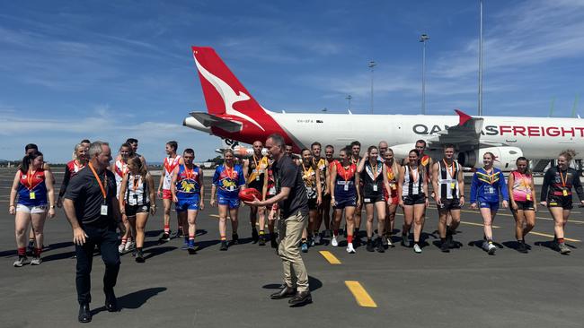 Hobart Airport CEO Norris Carter and SFL president David OâByrne joined players ahead of the new-look southern competition. Picture Supplied