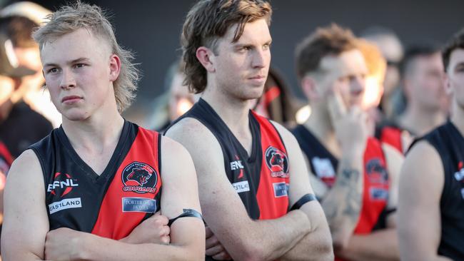 Disappointed Kilsyth players after the grand final loss. Picture: George Sal