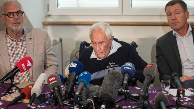 Australian scientist David Goodall at his final press conference with Exit International founder and director Dr Philip Nitschke (left) and Dr Moritz Gall (right). Picture: Sebastien Bozon